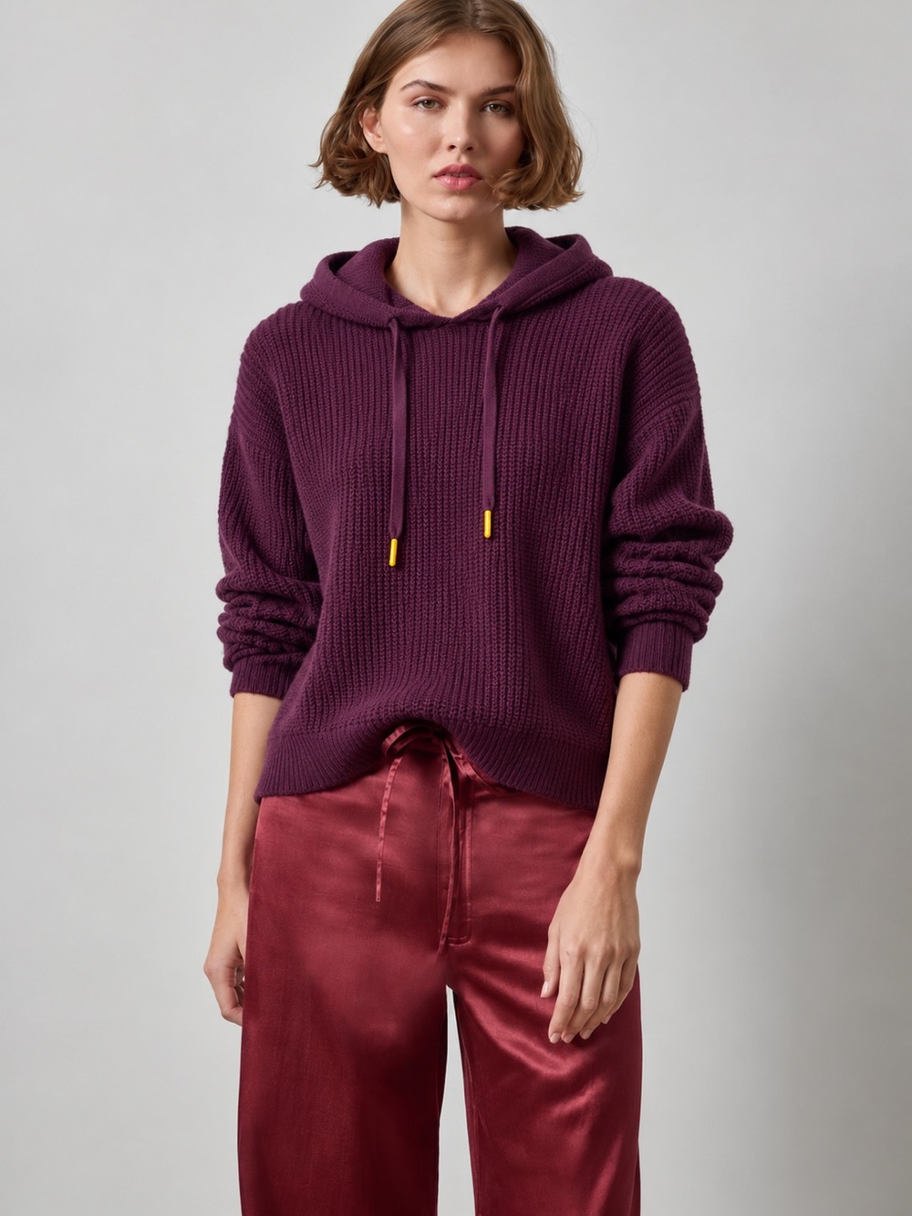 Lilla P Cotton Cashmere Hoodie Sweater Large Purple Textured Knit Pullover